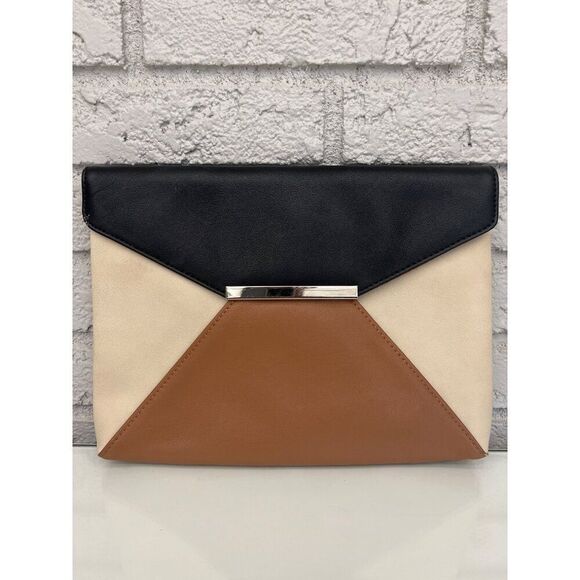 Express Women Colorblock Brown Black Beige Envelope Clutch Purse - Picture 1 of 6